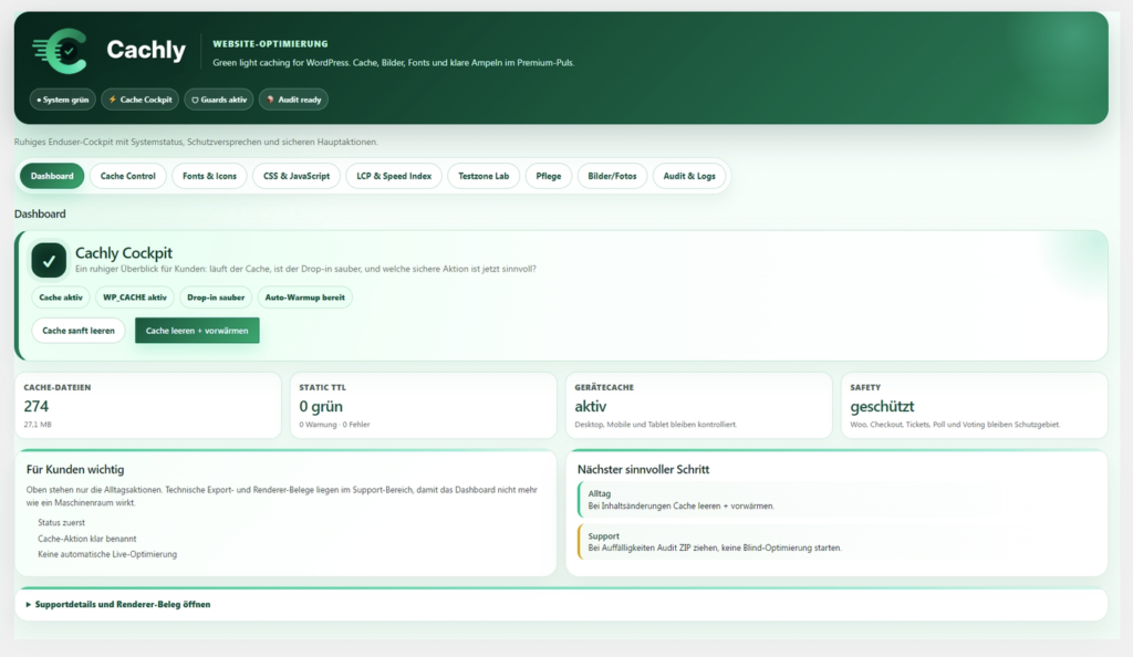 Weboptimierte Ansicht: cachly Dashboard cachly Dashboard mit Cache-Cockpit, Statuskarten und sicheren Hauptaktionen.