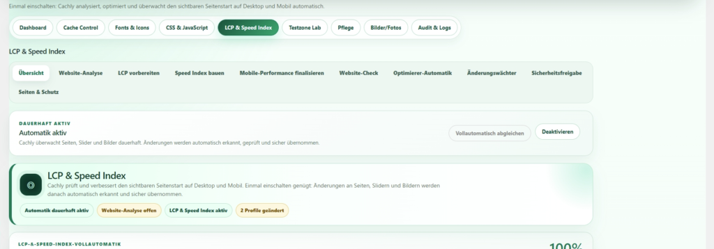 Automatikstatus, Fortschritt und Kennzahlen cachly LCP- und Speed-Index-Übersicht mit Automatikstatus, Fortschritt und Ablauf – Automatikstatus, Fortschritt und Kennzahlen.