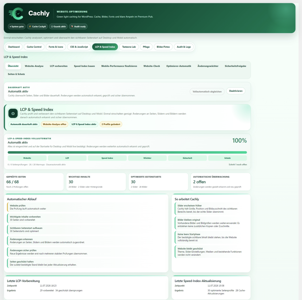Weboptimierte Ansicht: cachly LCP & Speed Index cachly LCP- und Speed-Index-Übersicht mit Automatikstatus, Fortschritt und Ablauf.