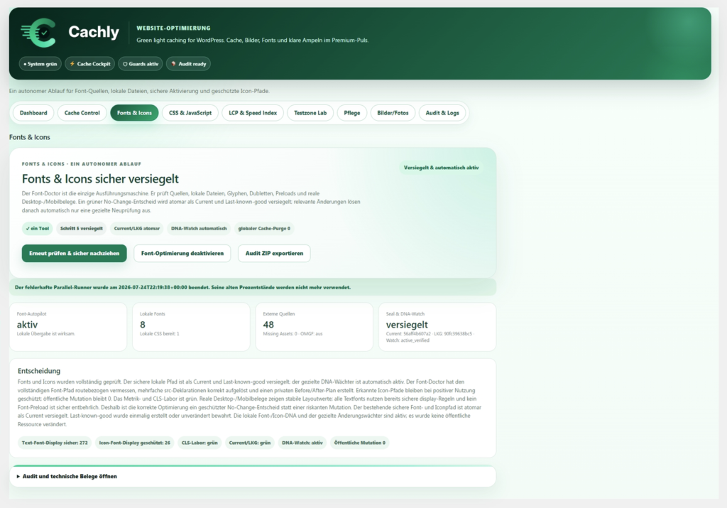 cachly Fonts- und Icons-Ansicht mit Versiegelung, Quellenstatus und Entscheidung.