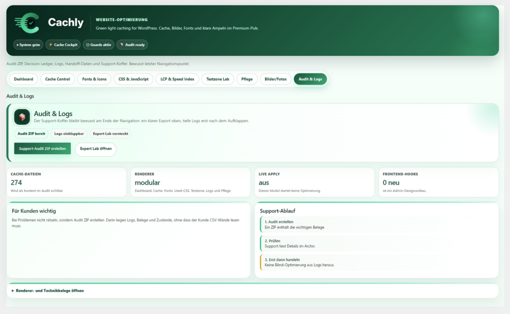 Weboptimierte Ansicht: cachly Audit & Support cachly Audit- und Supportansicht mit Export, Rendererstatus und Support-Ablauf.