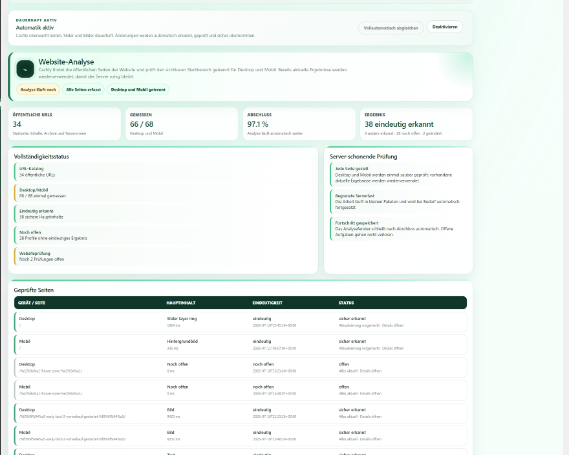cachly Website-Analyse mit vollständigem Seitenstatus und geprüften URLs – Website-Analyse, Kennzahlen und Statuslogik.