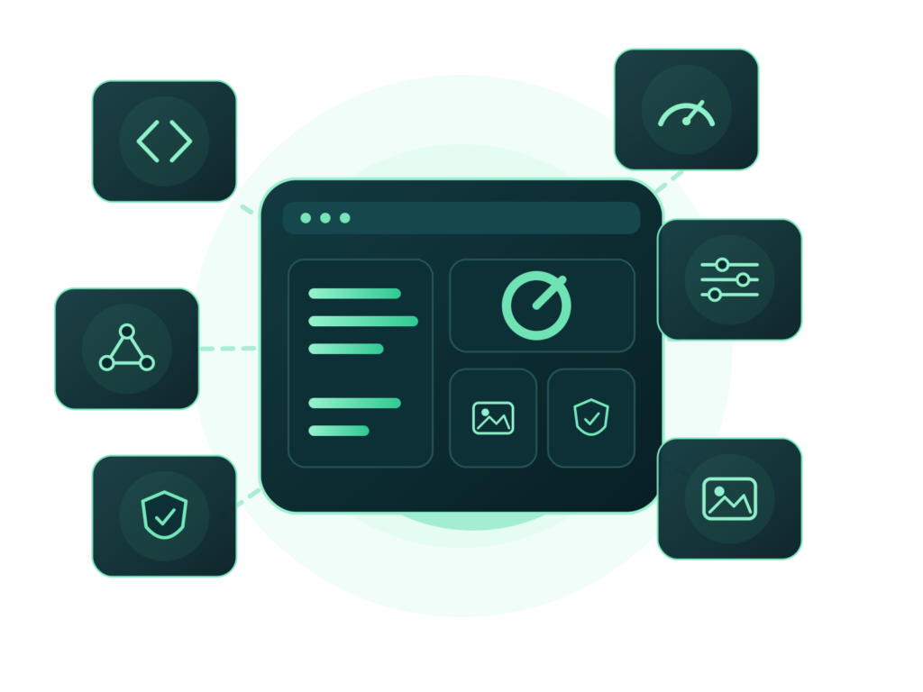 Hero-Grafik Funktionen Textfreie cachly-Systemgrafik mit vernetztem Optimierungs-Cockpit und Modulen.