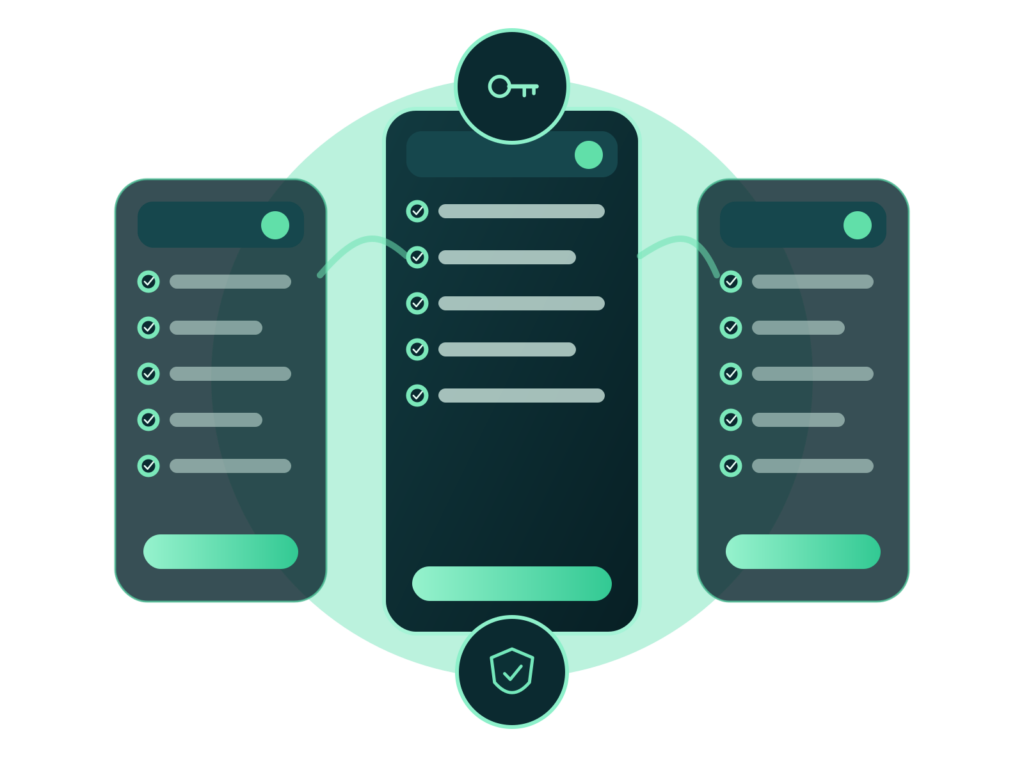 Textfreie cachly-Systemgrafik mit drei Lizenzstufen, Schlüsselsymbol und Schutzstatus.